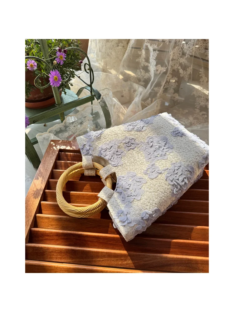 Chinese Style Elegant Classical Cheongsam Women Bag Spring Romantic Gentle Purple Lace Flower Exquisite Bamboo Weaving Handbag