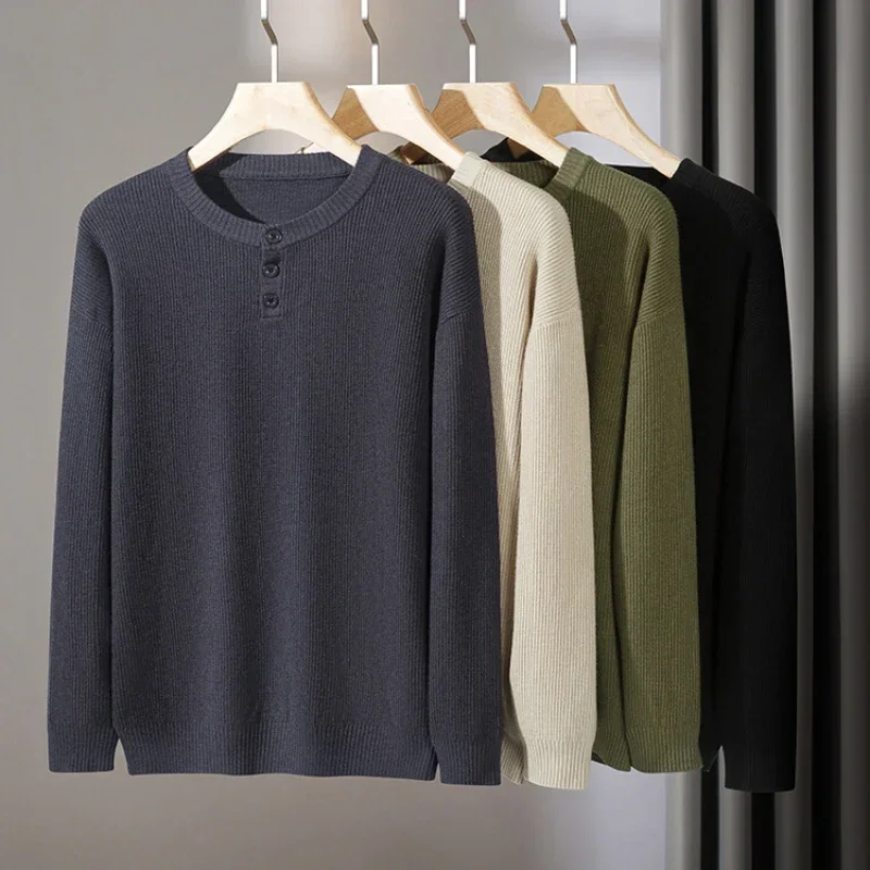 High-quality men's pullover sweater, solid color, Henry collar warm sweater, O-neck basic sweater.