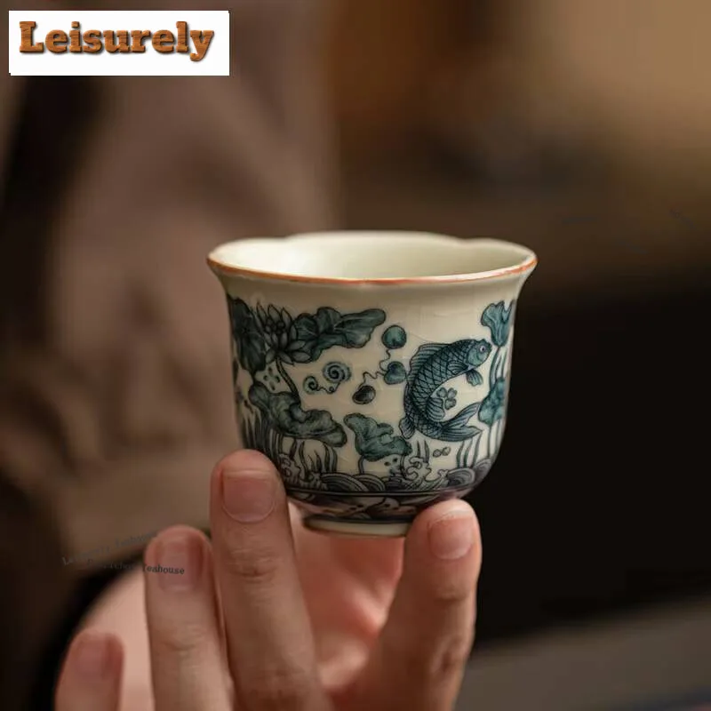 2pc/lot Imitation Song Ru Kiln Tea Cup Fish Algae Pattern Mouth Cup Small Master Single Cup Meditation Cup Bowl Kung Fu Teaware