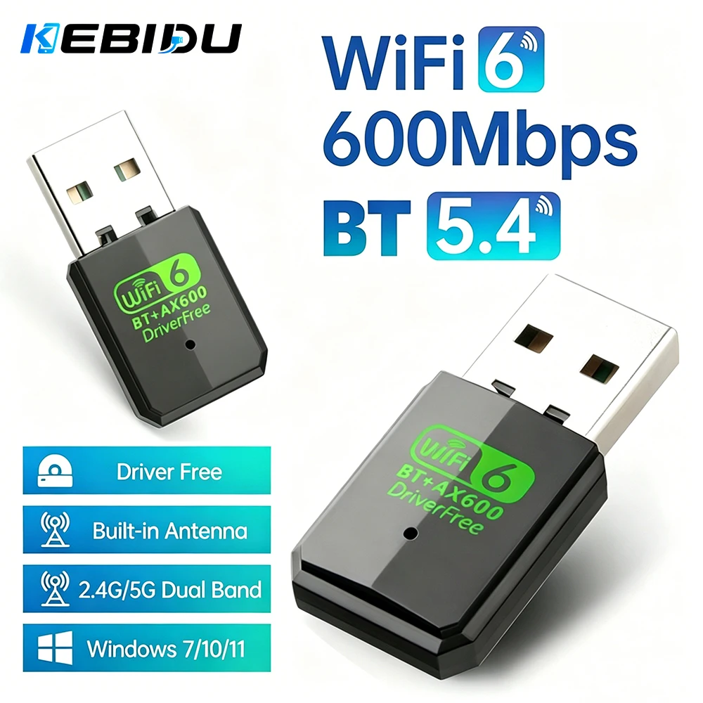 KEBIDU 600Mbps USB WiFi 2 IN 1 Dual Band 2.4G/5GHz Bluetooth 5.4 Adapter Wi-Fi Dongle Wireless Network Card Receiver For PC
