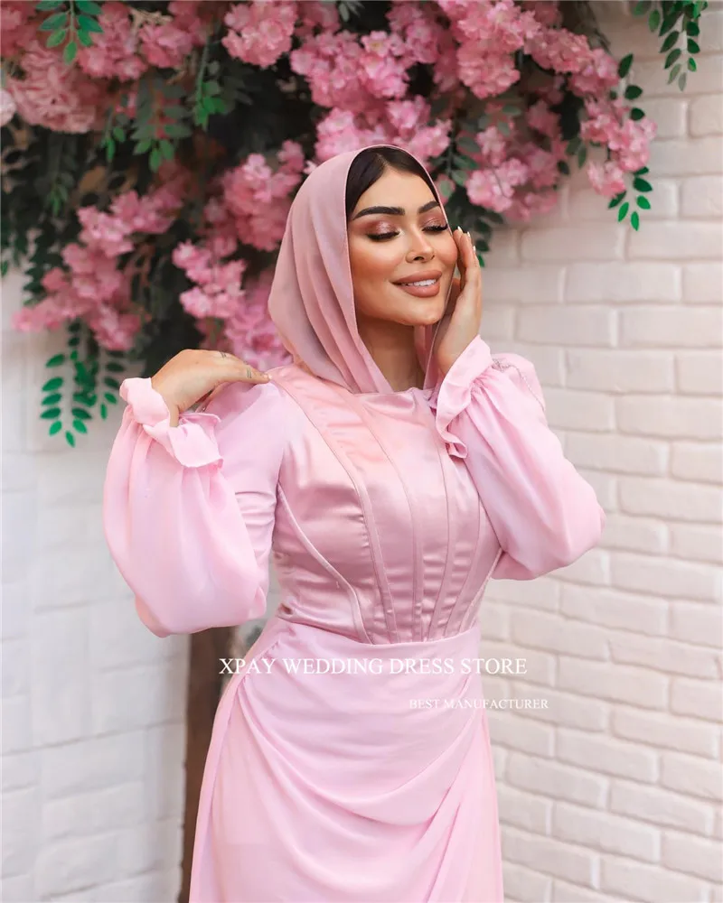 XPAY Pink Modest Dubai Arabic Women Evening Dresses Long Sleeves O-Neck Boning Chiffon Prom Gowns Formal Party Birthday Dress