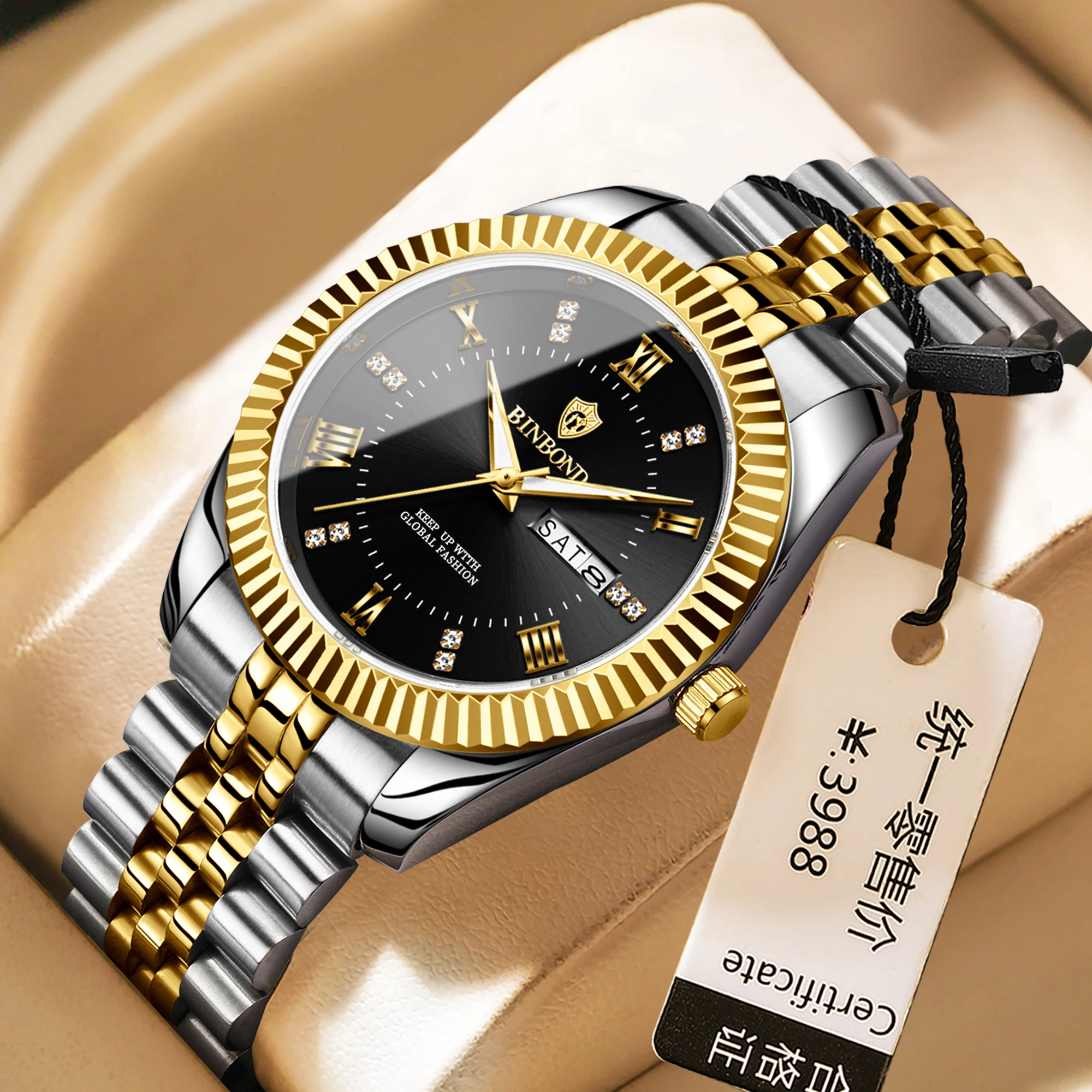 Модные BINBOND новые 0756 деловые мужские кварцевые часы с ночником и двойным календарем, водонепроницаемые роскошные мужские кварцевые часы 2025