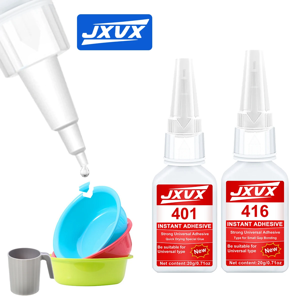 JXVX 401&416 Superglue for repairing plastics, Transparent Cyanoacrylate Instant Glue Extra strong Odorless Long-lasting adhesion for resin Ceramic Metal Glass Fast drying, Waterproof and heat resistant