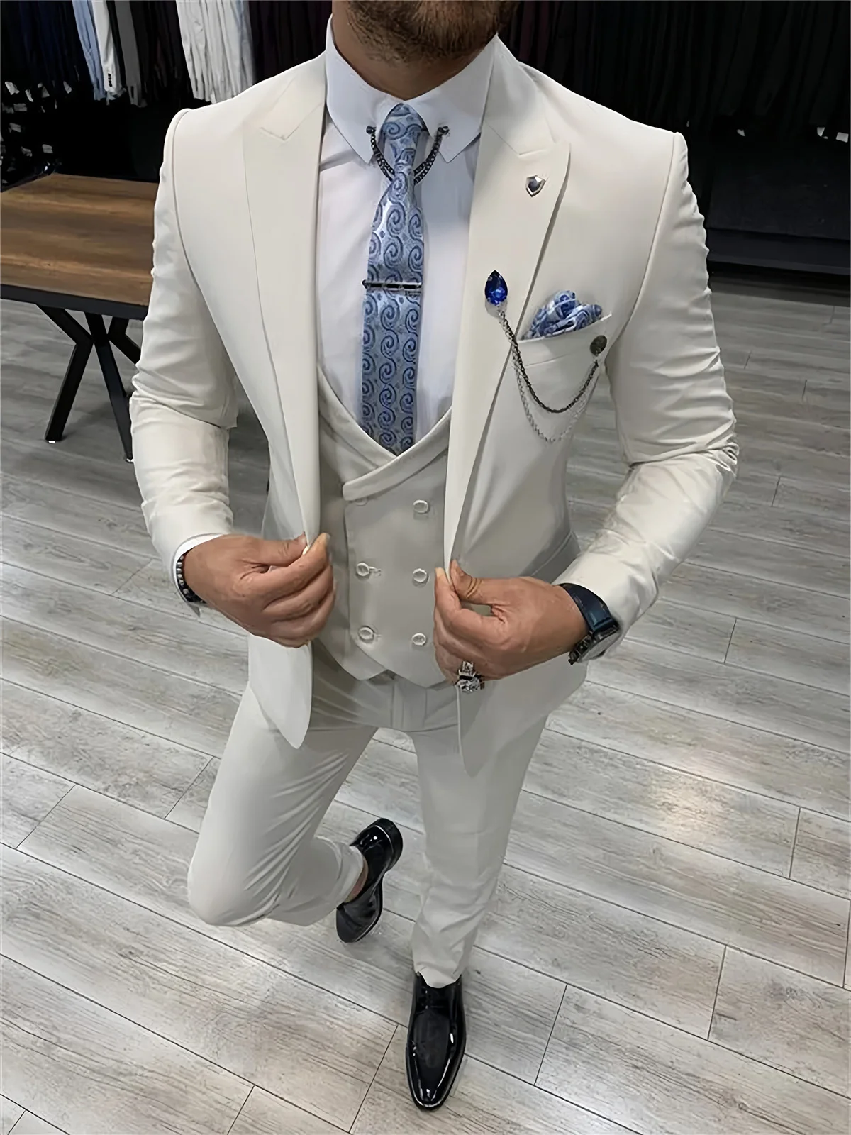 

AnnieBritney Свадебный костюм для мужчин Slim Fit с остроконечными лацканами, однотонный смокинг, костюм из трех предметов для мужчин, двубортный костюм цвета слоновой кости Trajes De Hombre