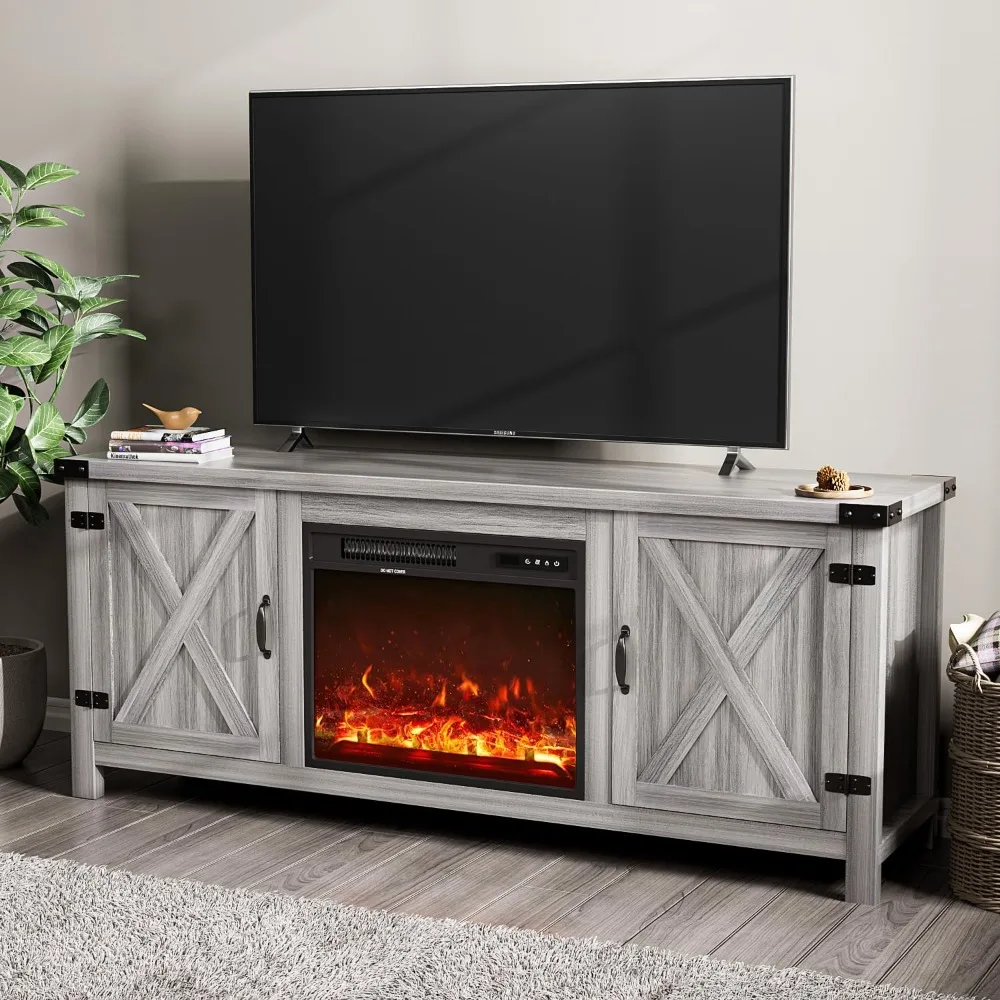 Fireplace TV stand with two barn doors and storage, entertainment center console, living room multimedia furniture