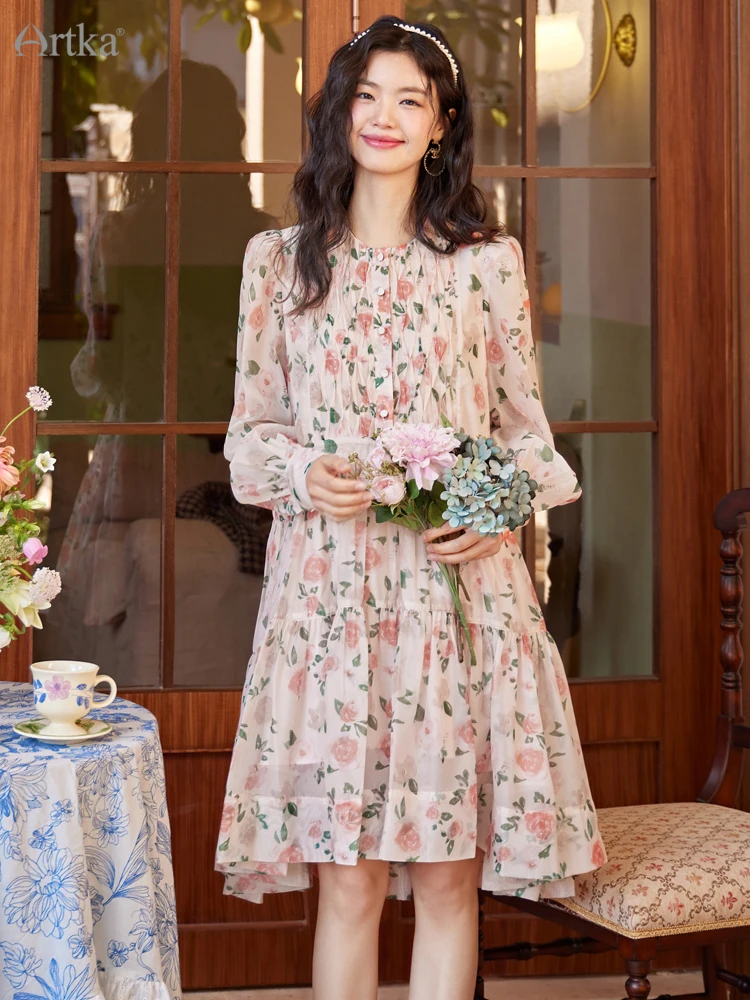 ARTKA 2025 Primavera Nuove Donne Vestito Elegante Allentato Stampe Floreali Abiti O-Collo Midi A Vita Alta Abito In Chiffon Femminile LA92236C