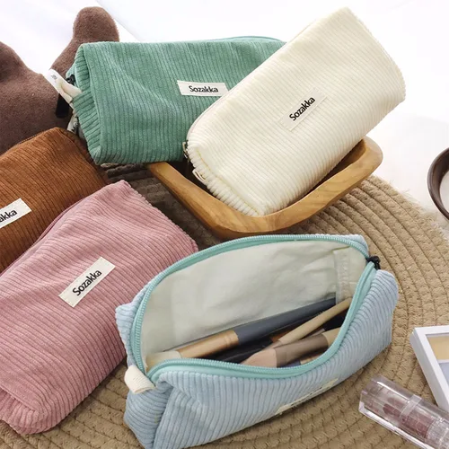 Neceser de viaje con cremallera para mujer, bolsa organizadora para estudiantes, bonita, de pana coreana, para cosméticos, pequeña, para maquillaje