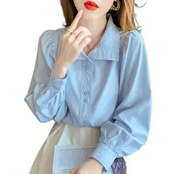 2024 New Autumn Woman's Shirt Bubble Sleeve Chiffon Top Retro Hong Kong Style Temperament Elegant Grace Leisure Niche All-match