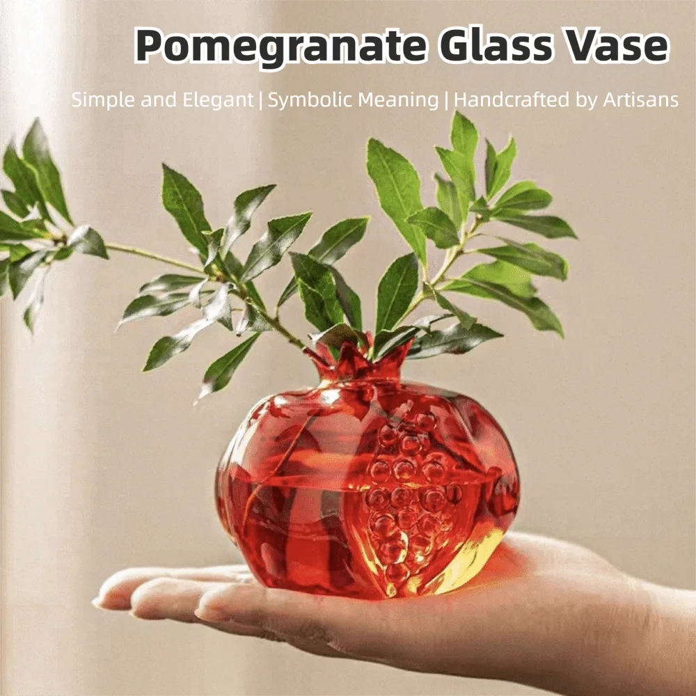 Unique Shape Transparent Pomegranate Glass Vase Red Decorative Hand-Blown Glass Vase Fruit Shape Planter Desktop Ornament
