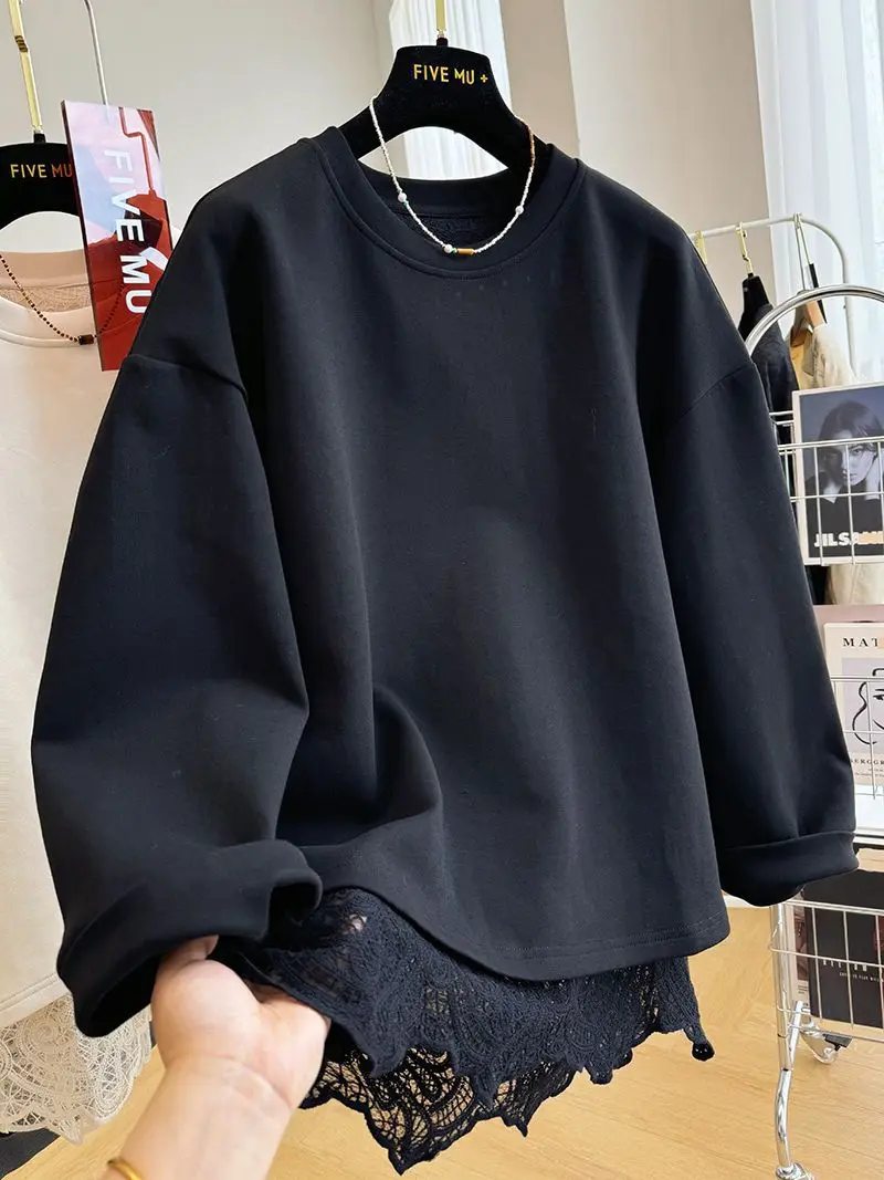 New Style Lace Splicing Fake Two-piece Pullover O Neck Sweatshirt For Women Spring Autumn Loose Top Fashion Casual Solid Hoodie
