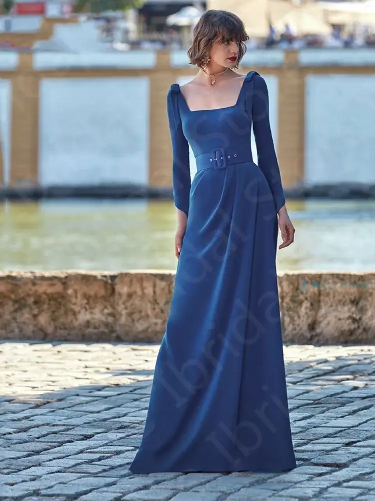 Vestido azul royal com cinto para a mãe da noiva, vestido de manga comprida, gola quadrada, vestido de festa de casamento simples e moderno, 2024