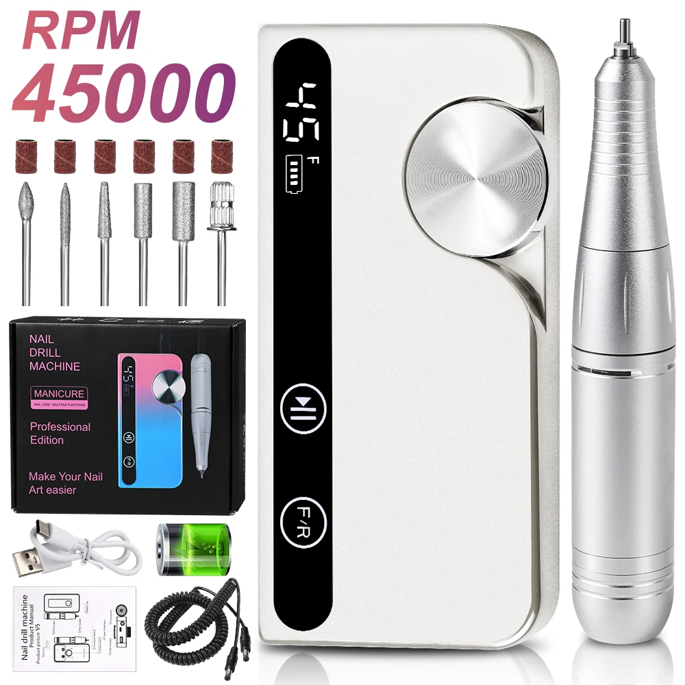 45000RPM プロフェッショナルネイルドリル 充電式 低騒音 電動ネイルドリル 研磨機 ジェルネイルポリッシュ研磨ツール
