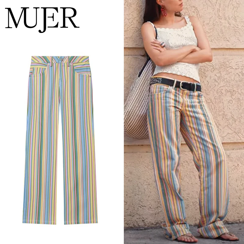 Pantalones Vaqueros a Rayas para Mujer, Cintura Baja, Estilo Baggy, Pantalones de Mezclilla de Moda para Verano, Pantalones Anchos para Mujer
