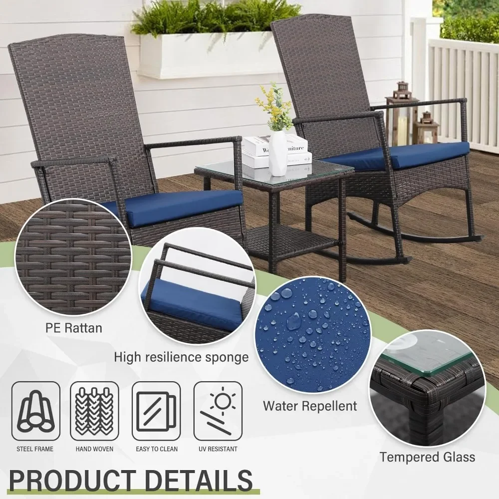 3-Piece Rattan Rocking Chair Set, Pátio de Vime e Bistro, Marrom e Rattan Móveis Conjuntos com Mesa de Café, Almofada Azul Marinho