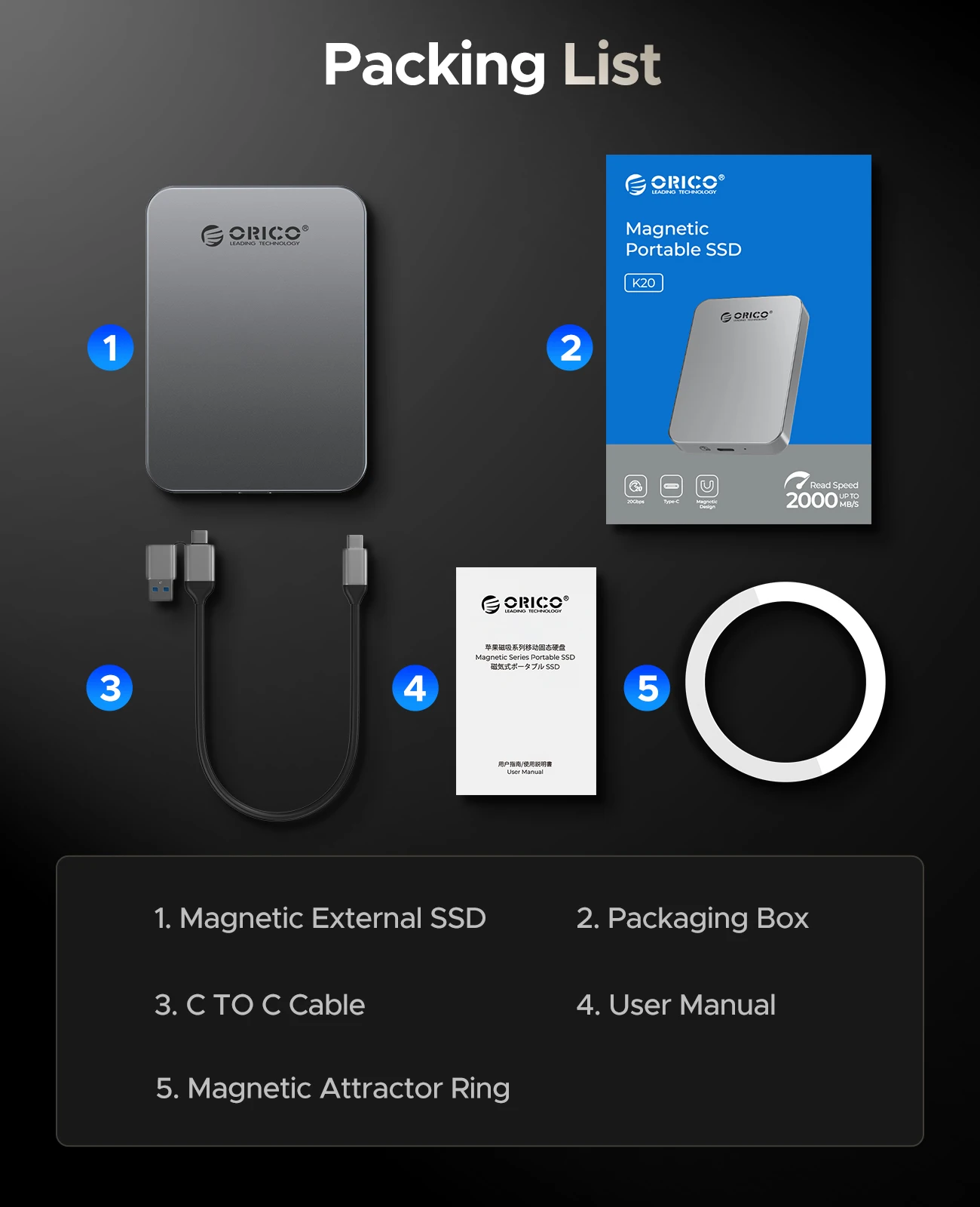 ORICO Magnetic Portable SSD 4K 120 fps ProRes HDR Record and Store, Up to 460MB/s for iPhone 15 16 Pro Max Portable Solid State