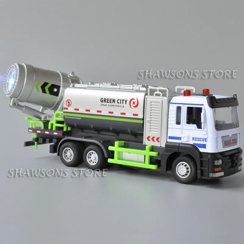 

1:50 Scale Diecast Sanitation Vehicle Model Toy Spraying Truck Sprayer Miniature Replica Pull Back With Sound & Light