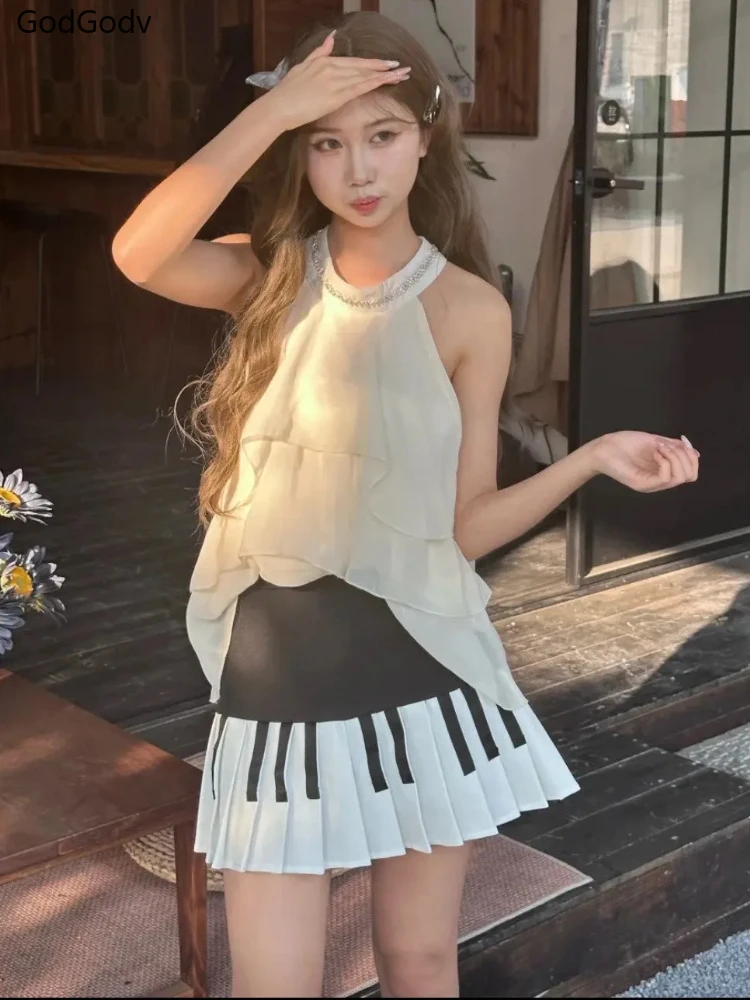 여름 달콤한 빈티지 우아한 피아노 스커트 정장 여성 Y2k 레이스 계층화 된 2 조각 세트 여성 블랙 화이트 한국어 스타일 세련된 의상