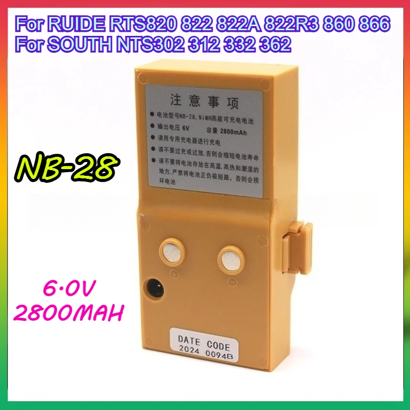 

NB-28 Battery 6V 2800mAh for RUIDE RTS820 822 822A 822R3 860 866 Series for SOUTH NTS302 312 332 362 Series Total Stations