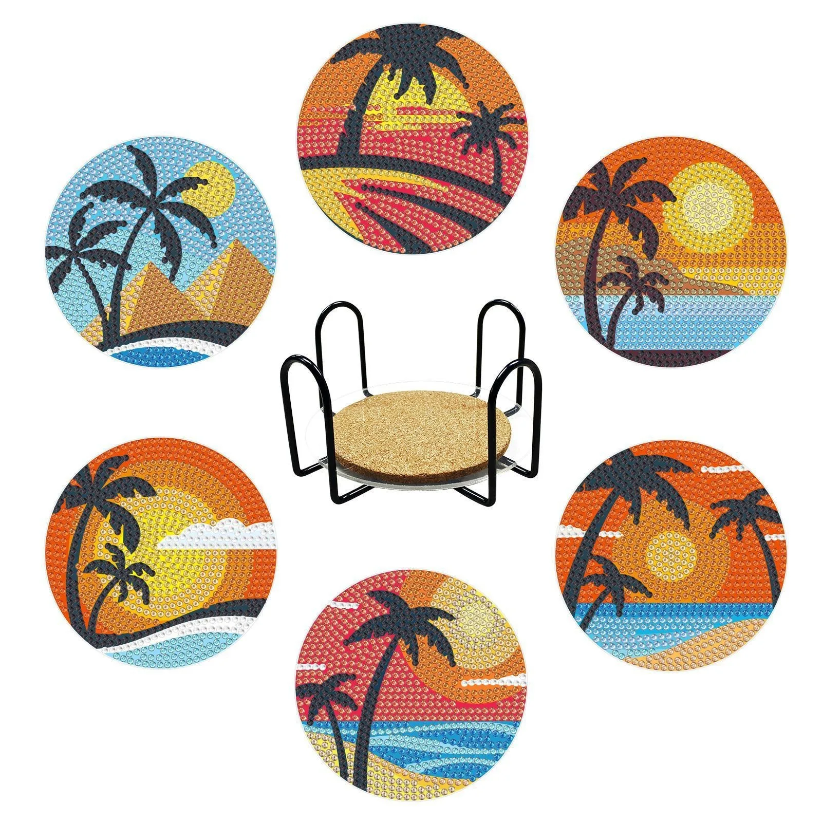 

6Pcs/sets Diamond Painting Coasters with Holder DIY Coconut Tree Sunset Coasters for Drinks Diamond Painting Kits for Beginners