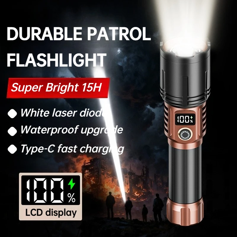 High Power Ultra Bright Flashlight Zoom Type-C Fast Charging Waterproof Torch 5 Lighting Modes Outdoor Patrol Camping