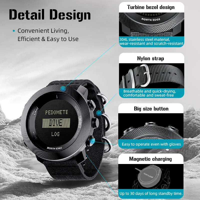 NORTH EDGE APACHE-D Men Free Dive Digital Watch Outdoor Sports Swimming Waterproof 100M Altitude Barometer Compass Wristwatches - view 3