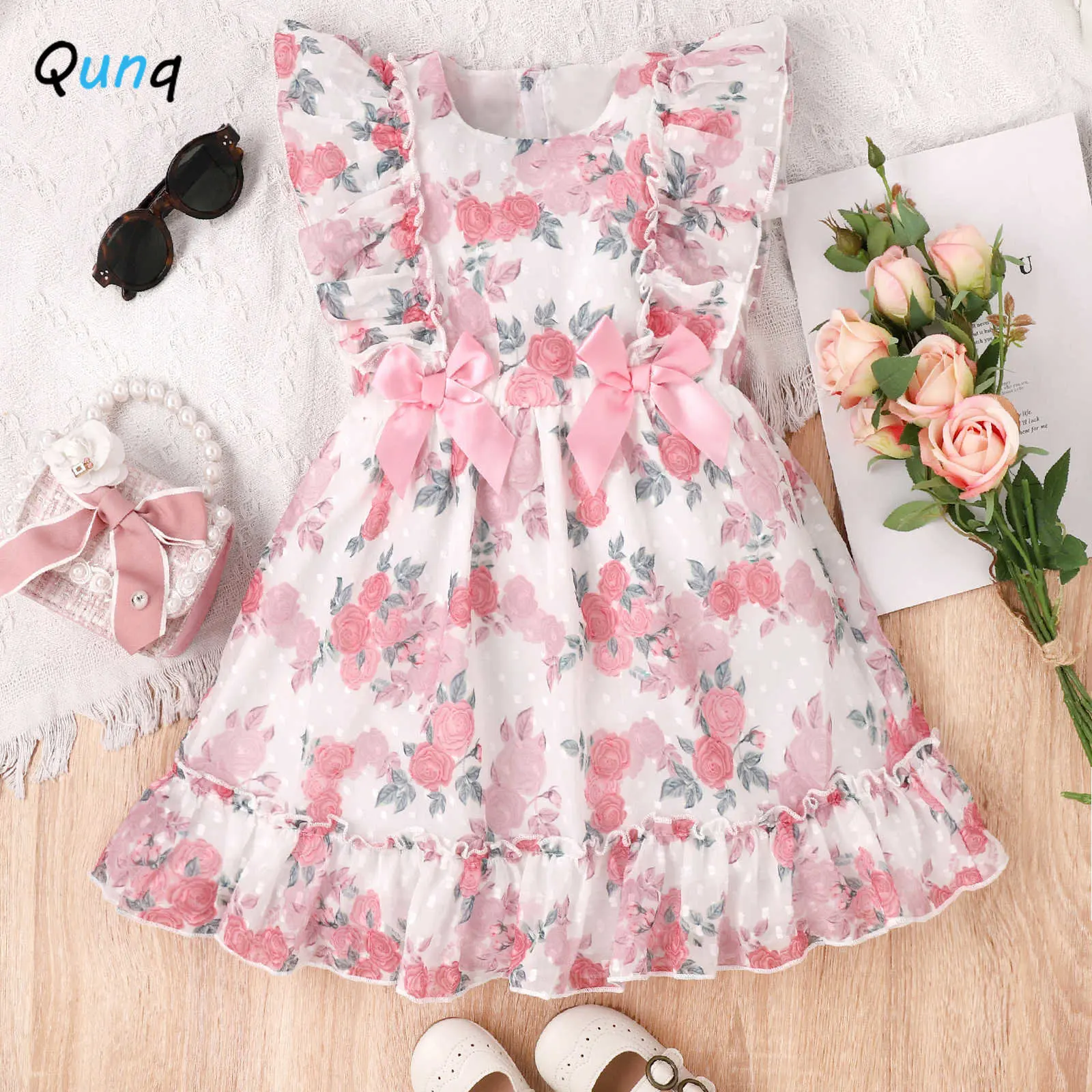 

Qunq 2023 Summer New Girls Lovely Print O Neck Fly Sleeve Bow Splicing Agaric Edge Princess Dress Casual Kids Clothes Age 3T-8T