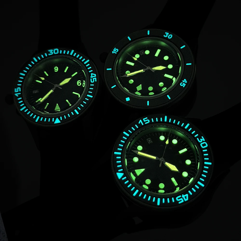 Reloj con movimiento NH35, modelo cincuenta y cinco modificado, correa de goma resistente al agua, acero inoxidable 316L, bisel luminoso C3, sin logotipo