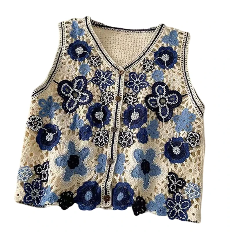 Women Vintage Hollow Crochet Knit Vest Waistcoat Ethnic Beaded Embroidery Colorful Floral Sleeveless Crop Cardigan for JACKET