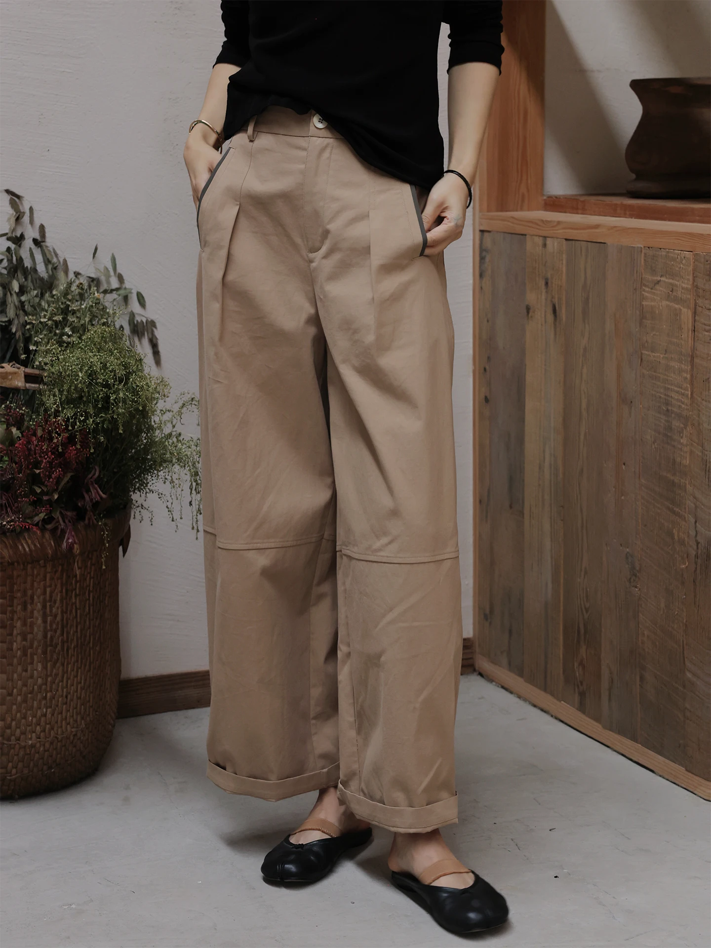 

Удобные повседневные брюки-палаццо из хлопка цвета хаки TT Atelier, новая весенняя модель, с естественной талией, на пуговицах, для повседневной носки