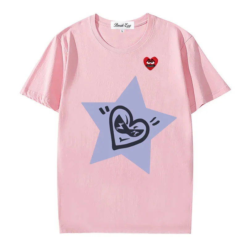 Star Printing Women Men T-shirt Cotton Cute Snag Heart Embroidery O-neck Short-sleeved Straight Summer T-shirt