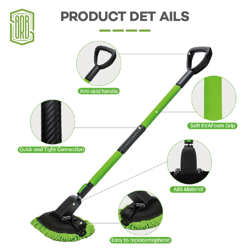 52'' Microfiber Car Wash Brush Mop Kit Sponge with Long Handle, Chenille Car Cleaning Brush Supplies Car Windshield Cleaner Pads