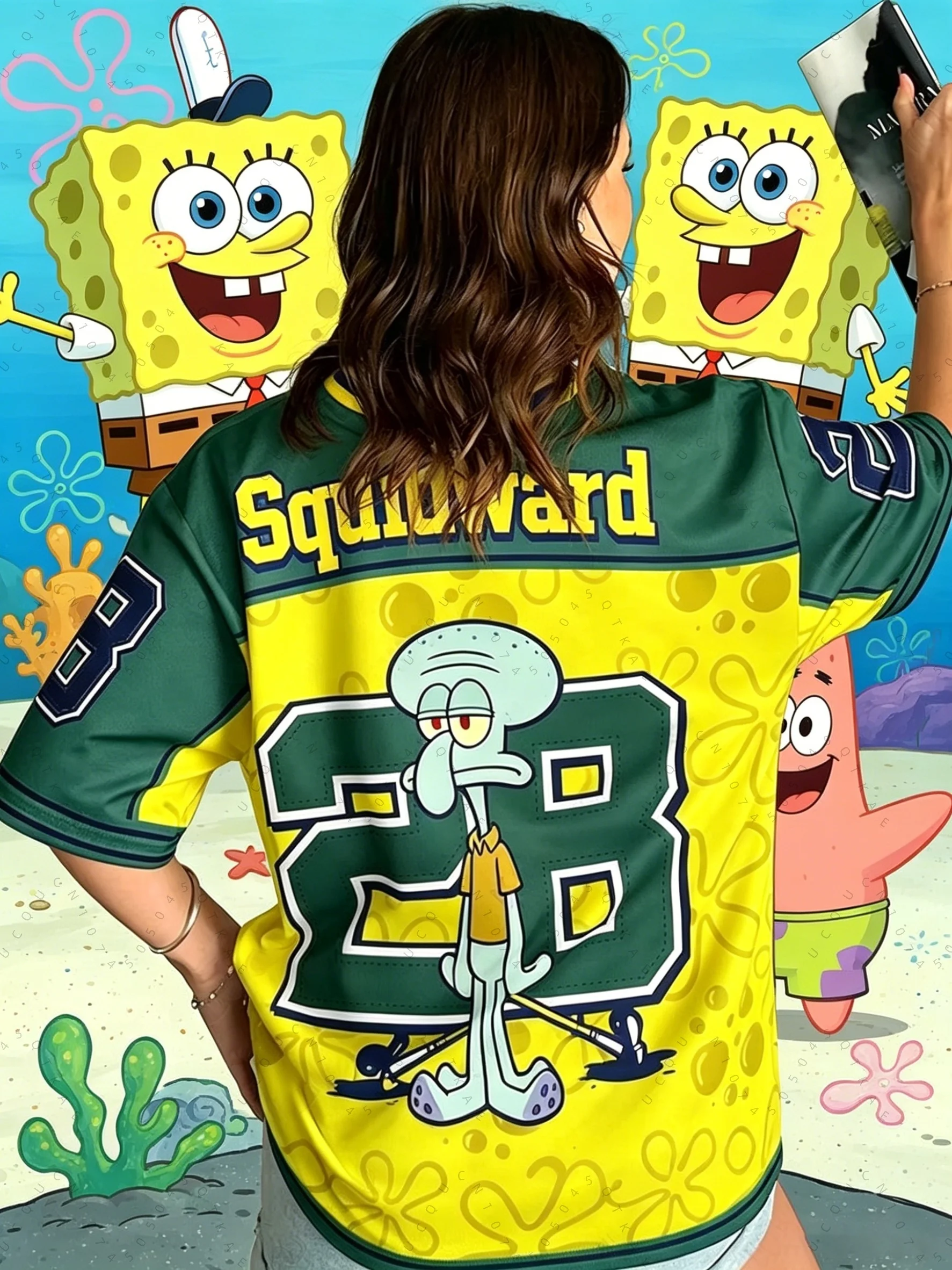 Spongebob Print Loose Oversized T-Shirts für Männer und Frauen, Sommer, V-Ausschnitt, Patchwork, kurzärmelig, Sport-Fußballtrikot, Y2k-Kinderoberteile – Detail 11