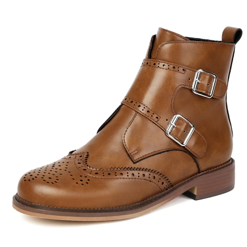 

Повседневные ботинки-полусапожки для женщин, весенняя обувь, с пряжкой, черные, коричневые, мотоциклетные, на каблуке, для вечеринок, женские, большие размеры до 48