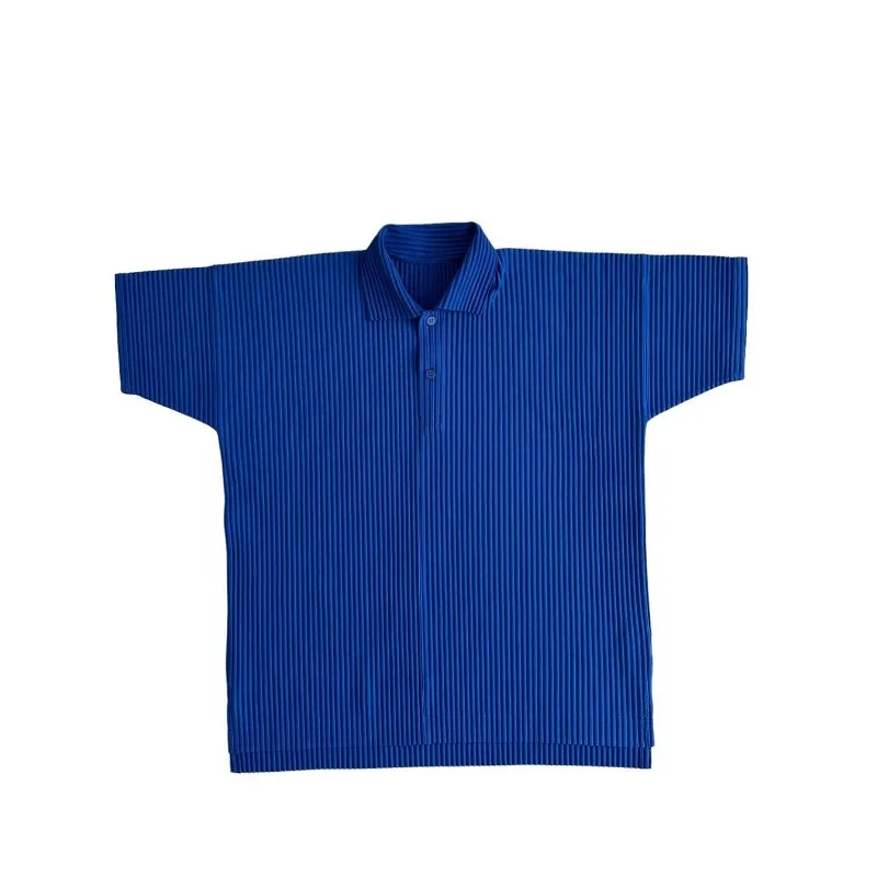 Pleated Polo Shirt Men Short Sleeve 2027 Summer Turn-Down Collar Button Side Slit T-Shirt Loose Fit Plus Size Solid Color Top