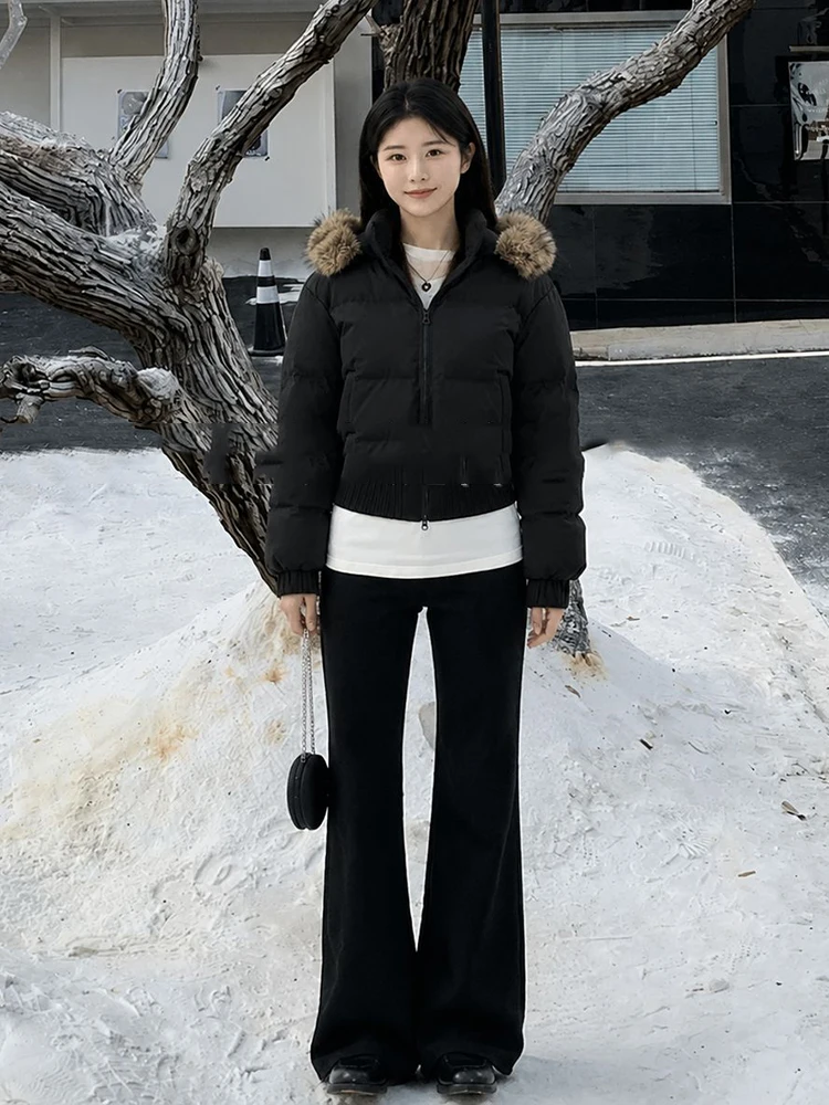 Winter Hooded Natural Large Fur Collar Down Jacket Women White Duck Down Warm Parker Outwears Female Thicken Short Down Jacket