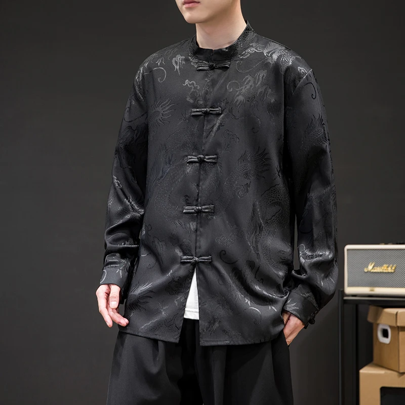 Ijs Zijde Dragon Mannen Shirt Chinese Stijl Retro Donkere Bloem Dun Vest Mens Casual Losse Traditionele Kung Fu Tai Chi Tang Shirt