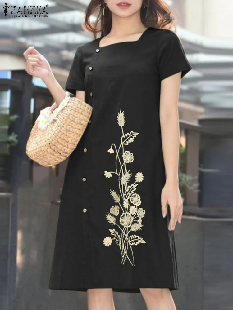 ZANZEA Summer Casual Floral Embroidery Dress Woman Square Collar Short Sleeve Dresses Female Fashion Holiday Midi Robe Oversized