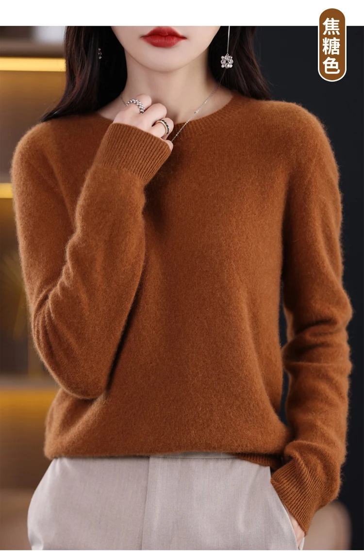 2026 New Cashmere Basic Top Long Sleeve Women O-Neck Knitted Sweater 100% Pure Merino Wool Pullover Clothing Knitwear Traf
