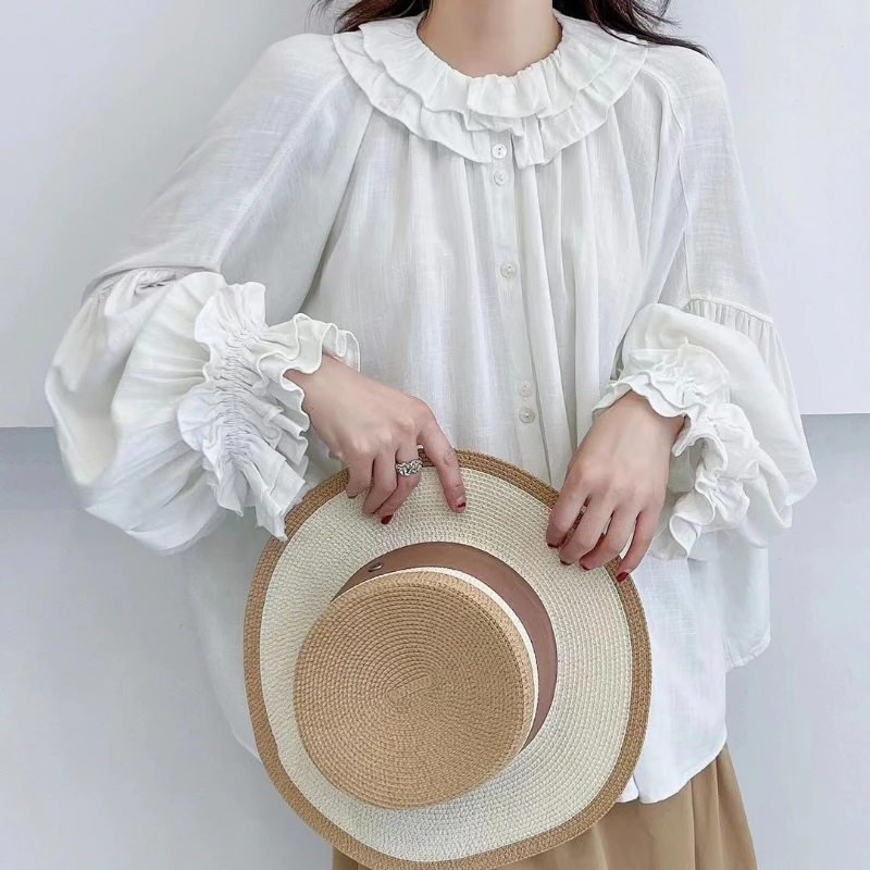 Version Women Cotton linen Doll Collar Long-Sleeved Shirt Princess Sleeve Top Sweet