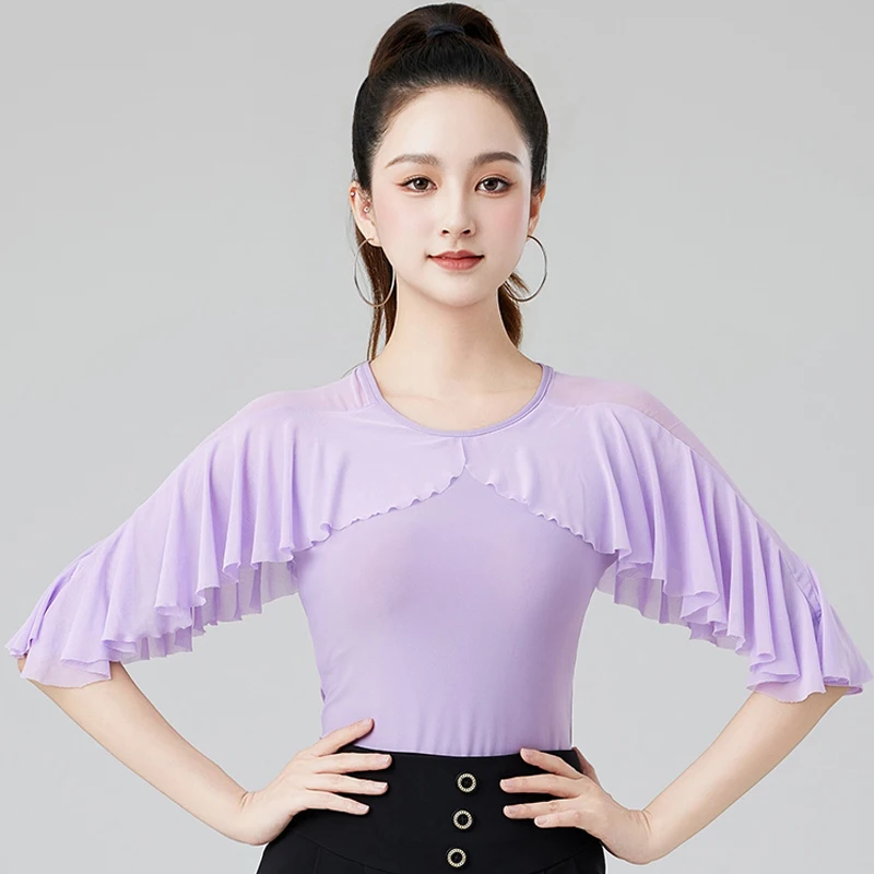 

Purple Modern Dancing Tops Women'S Short Sleeves Ballroom Dance Top Adults Rumba Tango Samba Latin Dance Practice Wear DW10838