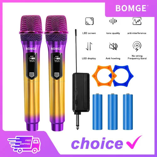Sistema con micrófono inalámbrico profesional para Karaoke, DJ, 2 canales, con micrófono morado colorido, receptor inalámbrico recargable para fiesta y DJ