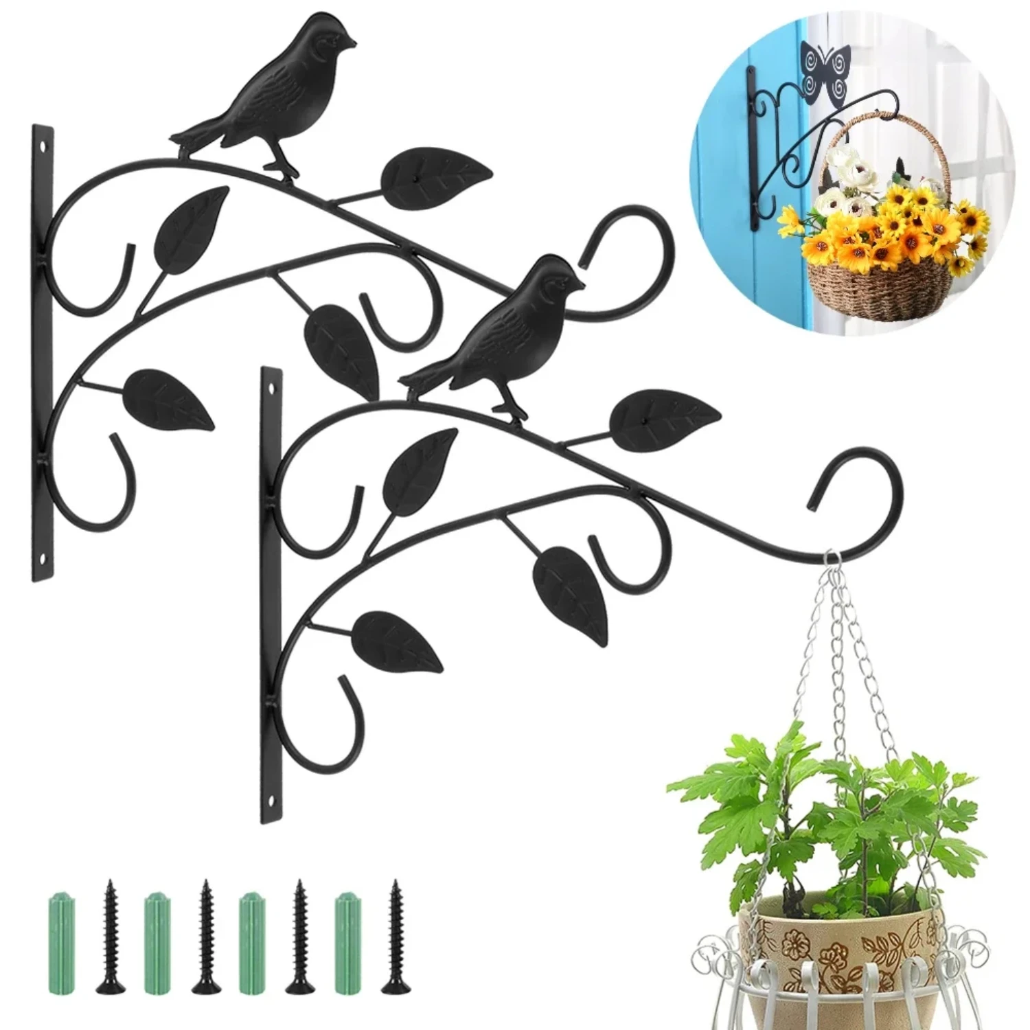 

Wrought Iron Hanging Flower Pot Basket Plant Brackets Flowerpot Hanger Basket Outdoor Wall Mount Planter Hook Garden Decoration