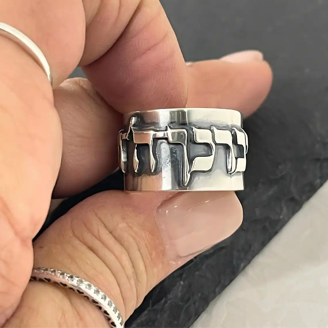 

12mm Hebrew Ring Men Customizable Chunky Stainless Steel Ring Gothic Silver Knuckle Ring Personalized Party Gift Judaica Jewelry