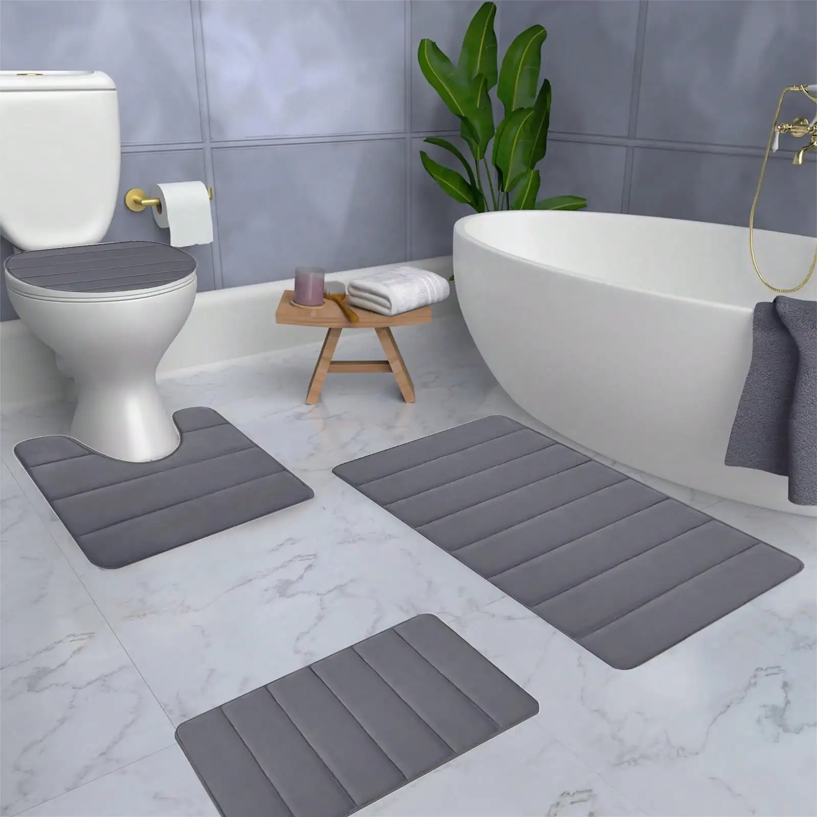 

4 Piece Memory Foam Bath Mat Set: Non-Slip, Soft, for Bathroom, Tub & Bedroom Decor