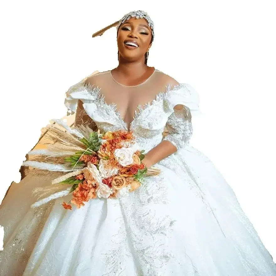 تخصيص الكلاسيكية مغرفة يزين الخرز Ballgown فستان الزفاف Vestido De Casamento نصف الأكمام أزرار الظهر منتفخ فستان زفاف #2