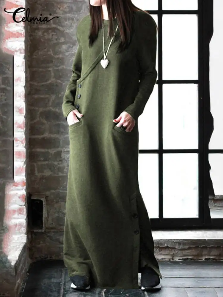 Women Winter Warm Dress 2023 Spring Basic Maxi Dress Celmia Long Fleece Sweatshirt Casual Pullovers Long Sleeve Button Vestidos