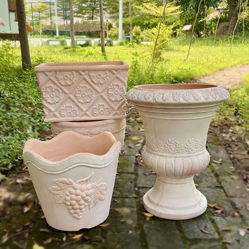 European retro pottery pot handmade coarse pottery red pottery outdoor creative flower pot floor breathable flower  garde