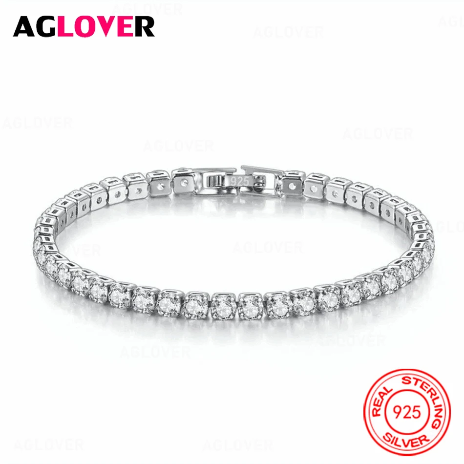 

AGLOVER 925 Sterling Silver Single Row Full Diamond Four Claw Zircon Bracelet Fashion Charm Women Party Jewelry