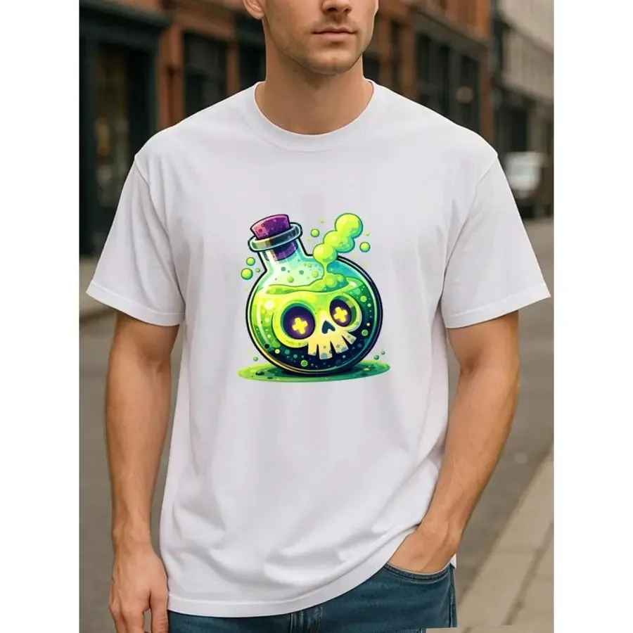 Skull Head Magic Medicine Bottle Dark Cute Style All-Season Comfort T-Shirt, Short-Sleeved Top, Men'S Casual Short-Sleeved Roun