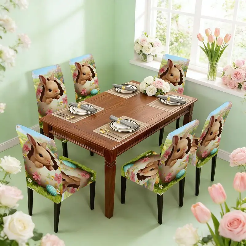 Flat print stretch dining chair cover set light brown cute bunny sitting crack easter egg pattern, chair cover